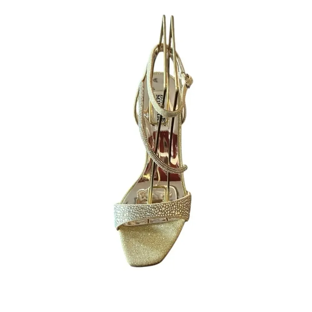 Badgley Mischka Sally Curvy Heel Stiletto Sandal Gemstone Plantino Gold NEW 10